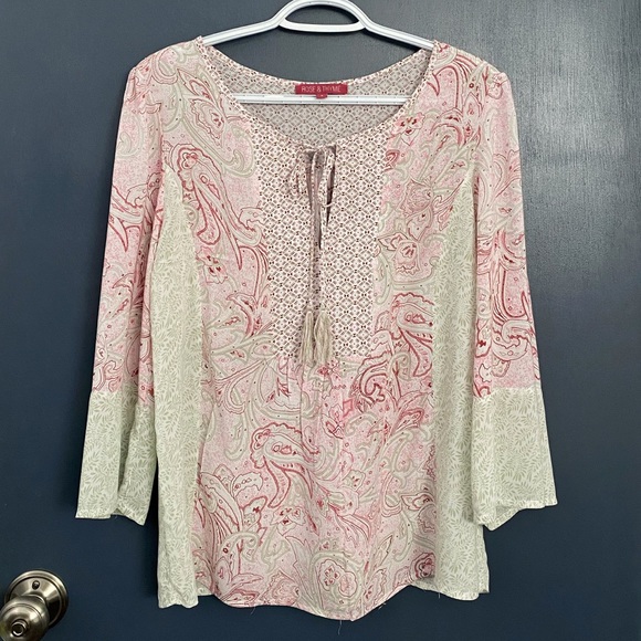 Rose & Thyme Tops - Rose & Thyme paisley and leaf print summer blouse, pink green